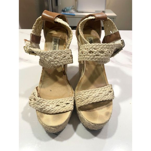 Steve Madden Magestee Wedges Womens 7 Woven Espadrilles Sandals Cream - Picture 2 of 5